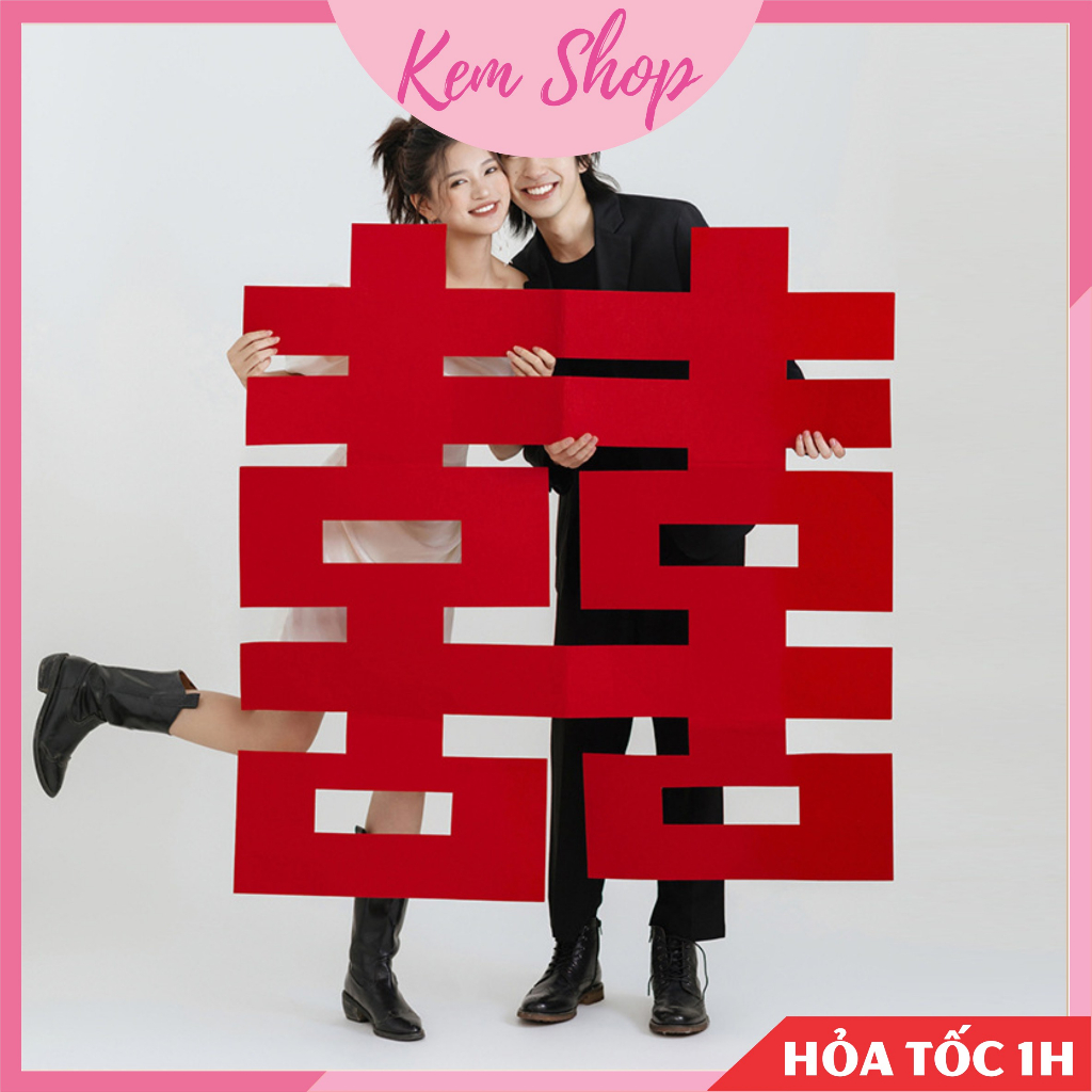 Chữ hỷ vuông vải nỉ dạ phong cách Trung Hoa trang trí đám cưới, chụp ảnh cưới - Kem Shop K351