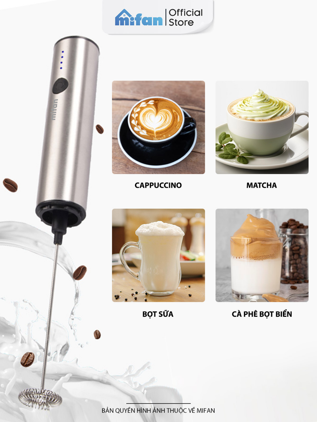 Ảnh Máy Đánh Bọt Cà Phê Microfoam Mifan MF1501G - 3 Đầu Đa Năng, Thép không gỉ, Đế sạc USB tiện lợi - Hàng Chính Hãng 3
