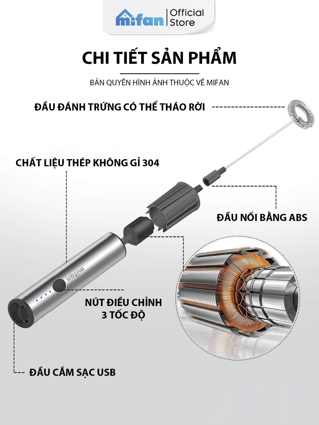 Ảnh Máy Đánh Bọt Cà Phê Microfoam Mifan MF1501G - 3 Đầu Đa Năng, Thép không gỉ, Đế sạc USB tiện lợi - Hàng Chính Hãng 2