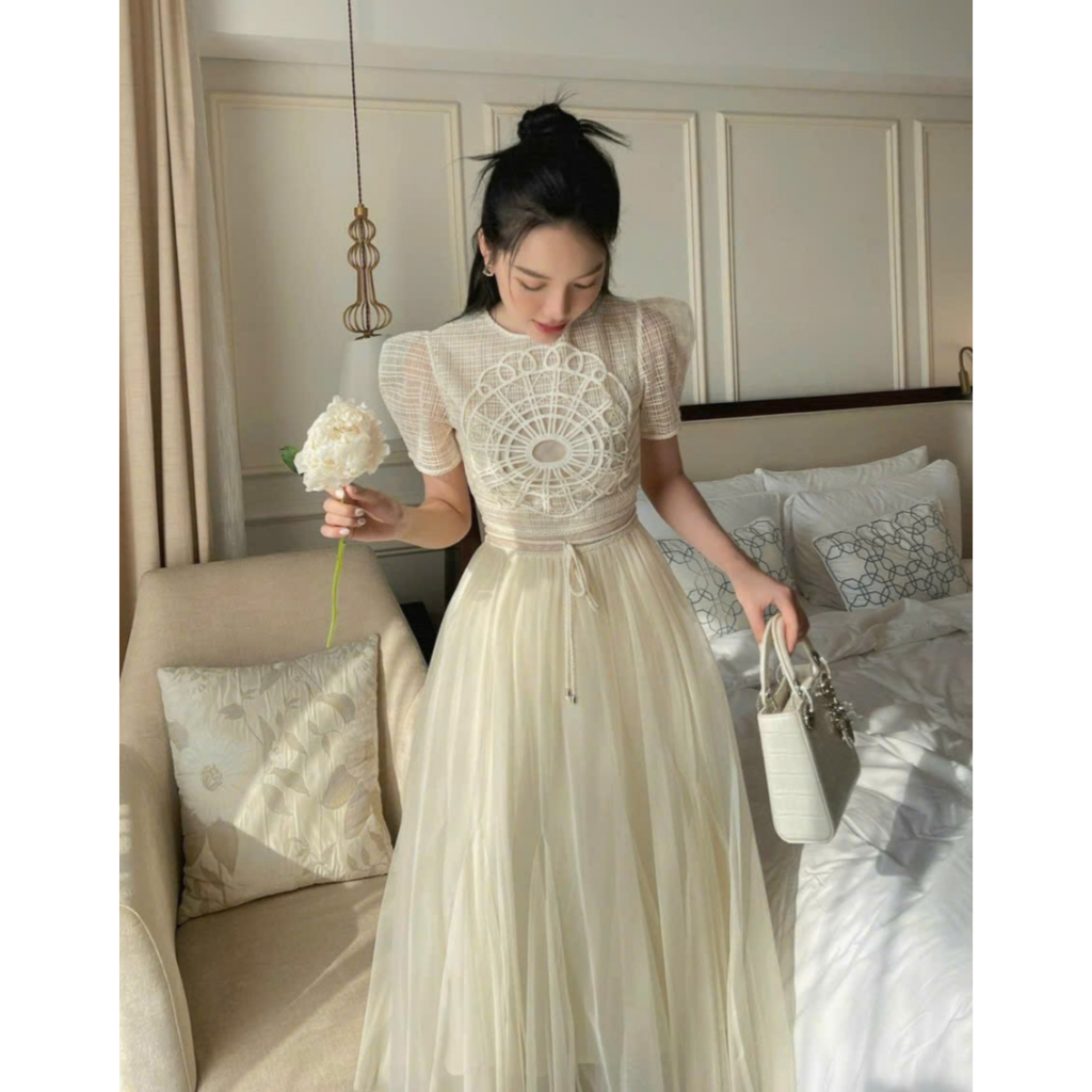 Kajun Dress - Đầm Midi Cổ Trụ Bèo Tùng Xòe Kèm Dây Hoa Eo