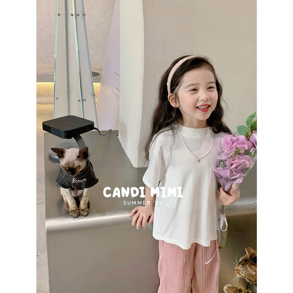 Áo Phông Trơn Bé Gái CANDI MIMI 2023 - Thun Cotton Mềm Mại Thấm Hút Mồ Hôi - Phong Cách Hàn Quốc