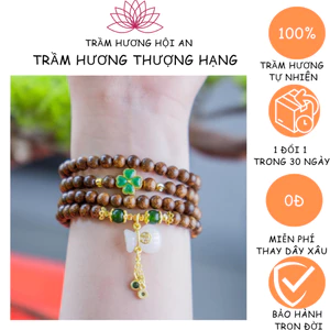 Vòng trầm tốc thường 108 hạt 6ly mix charm túi tiền và cỏ 4 lá ,giành cho nữ,thanh lịch dễ thương.