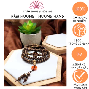 Vòng tay bằng trầm hương tốc tự nhiên 6ly 108 hạt mix charm hoa sen,bi vàn:g va đá đỏ, thanh lịch-dễ thương.