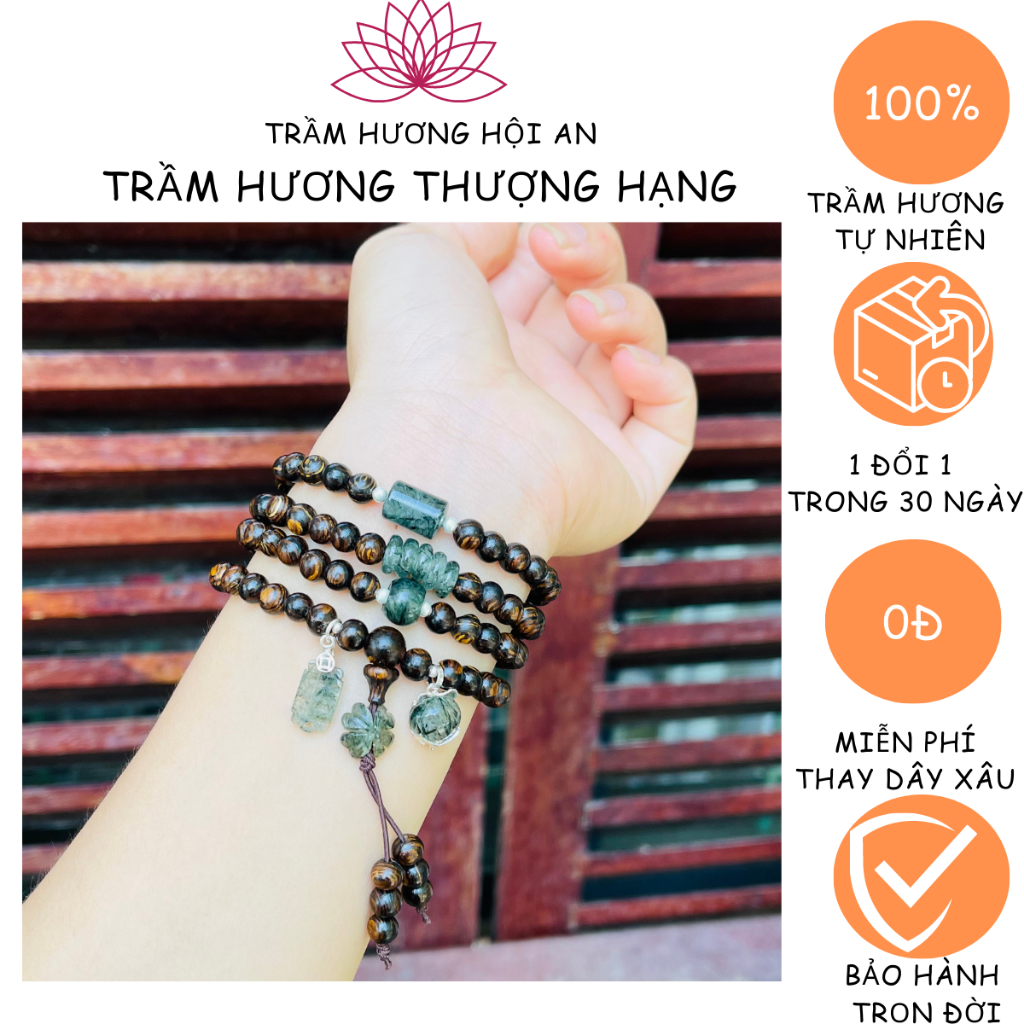Chuỗi trầm hương sánh chìm có hộp 6ly 108 hạt mix charm ngũ điếu+lu+điếu mập+ cỏ+bàn tính+hồ ly móc bạc.