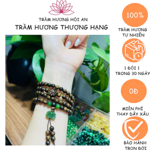 Vòng tay chuỗi hạt trầm hương sánh chìm 6ly 108 hạt mix charm đá và hoa sen-thanh tịnh an yên may mắn.