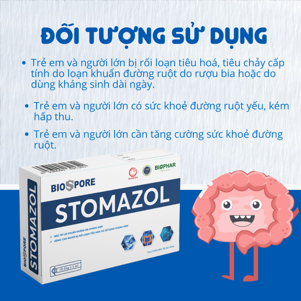 Men vi sinh Biophar Stomazol cho người rối loạn tiêu hóa, táo bón, tiêu chảy chứa 2 tỷ bào tử lợi khuẩn | 10 Ống 5ml
