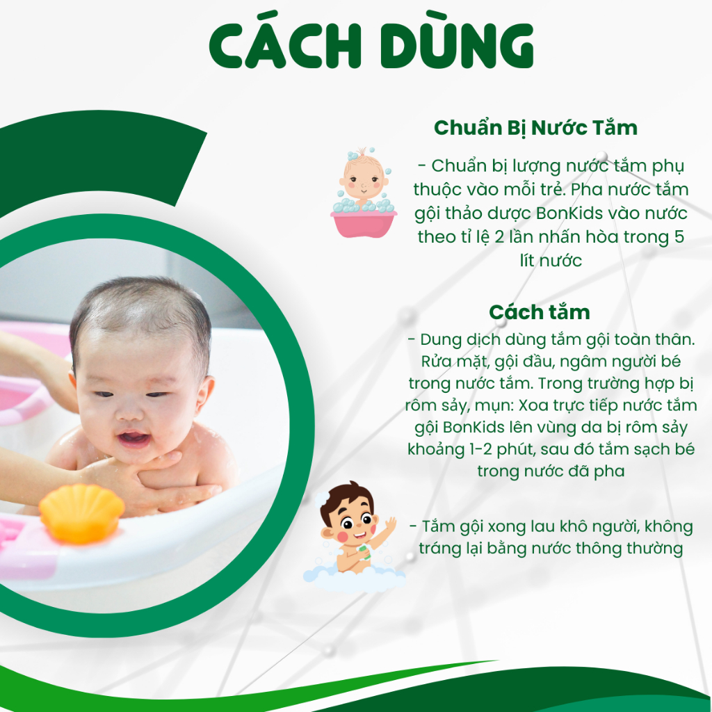 Nước tắm gội thảo dược cho bé Biophar Bon Kids ngăn ngừa mụn, ngứa, rôm sảy, hăm da, dành cho bé 0-4 tuổi | Chai 300ml