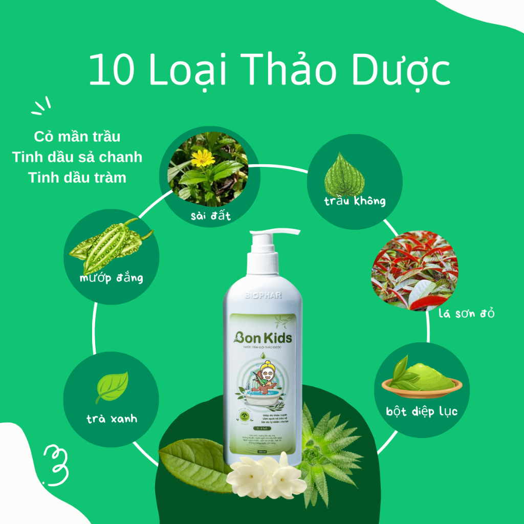 Nước tắm gội thảo dược cho bé Biophar Bon Kids ngăn ngừa mụn, ngứa, rôm sảy, hăm da, dành cho bé 0-4 tuổi | Chai 300ml