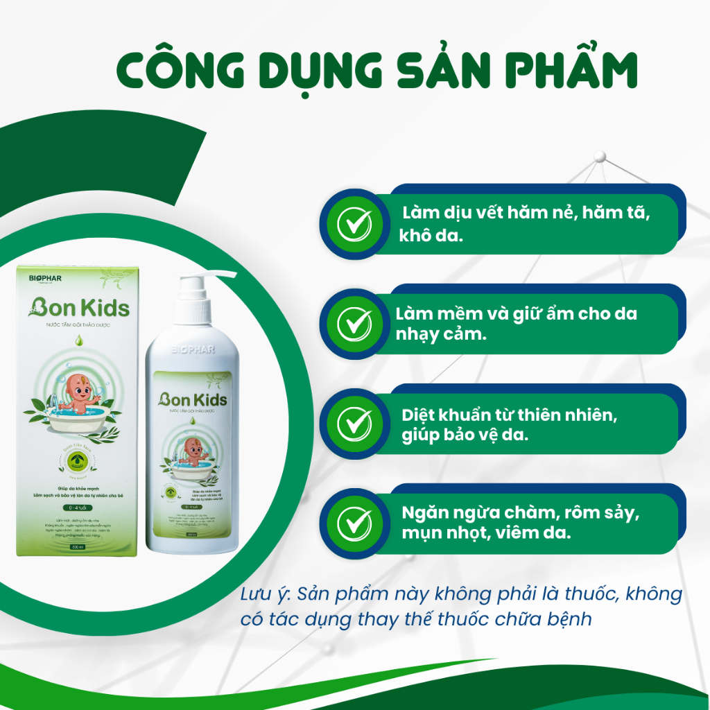 Nước tắm gội thảo dược cho bé Biophar Bon Kids ngăn ngừa mụn, ngứa, rôm sảy, hăm da, dành cho bé 0-4 tuổi | Chai 300ml