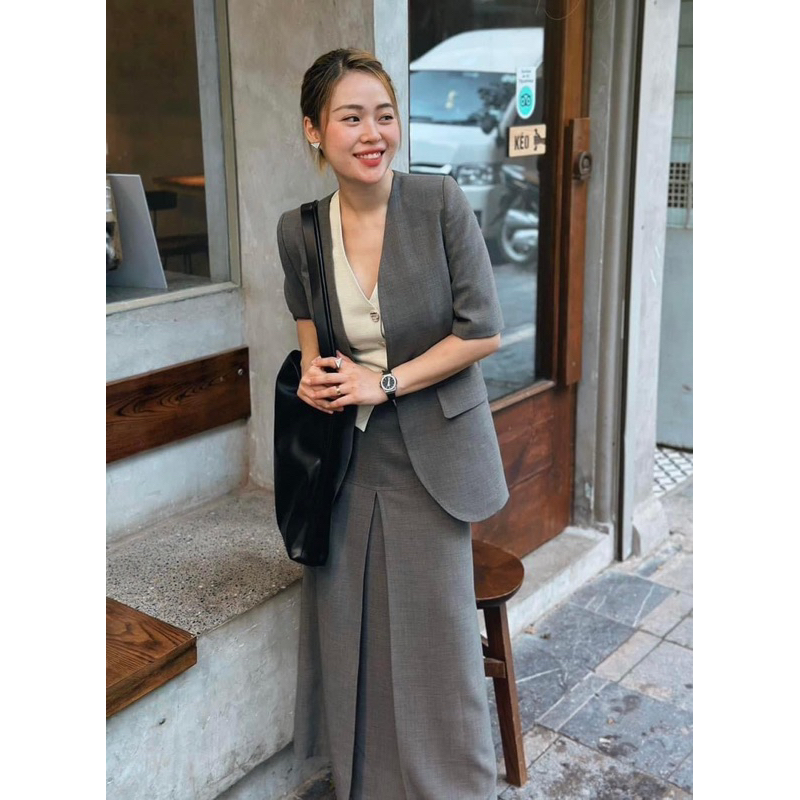 Bộ -Áo blazer nữ & Chân váy [MAY THEO SỐ ĐO] - chất liệu đũi, 2 lớp, lót lụa, XÁM GHI - Tiệm may Diluclothing