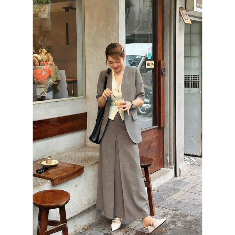 Bộ -Áo blazer nữ & Chân váy [MAY THEO SỐ ĐO] - chất liệu đũi, 2 lớp, lót lụa, XÁM GHI - Tiệm may Diluclothing