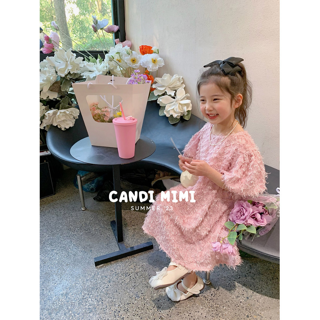 Váy Bé Gái Baby Doll Tay Bồng Phối Lông Vũ Tiểu Thư CANDI MIMI 2023 - Chất Liệu Mềm Mát-  Phong Cách Hàn Quốc