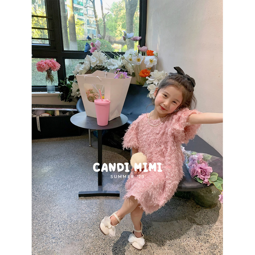 Váy Bé Gái Baby Doll Tay Bồng Phối Lông Vũ Tiểu Thư CANDI MIMI 2023 - Chất Liệu Mềm Mát-  Phong Cách Hàn Quốc