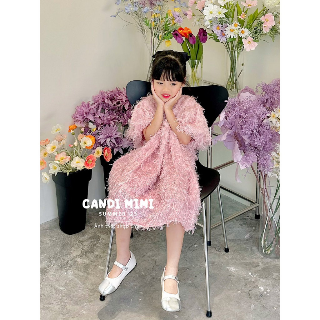 Váy Bé Gái Baby Doll Tay Bồng Phối Lông Vũ Tiểu Thư CANDI MIMI 2023 - Chất Liệu Mềm Mát-  Phong Cách Hàn Quốc