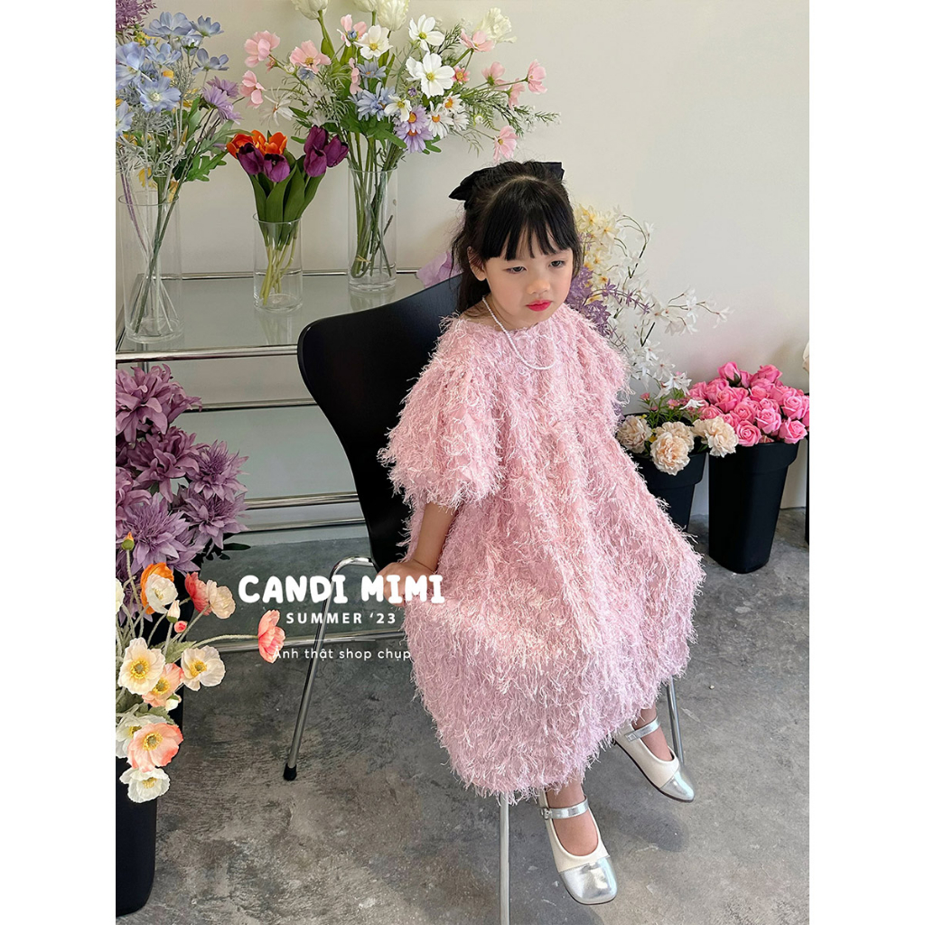 Váy Bé Gái Baby Doll Tay Bồng Phối Lông Vũ Tiểu Thư CANDI MIMI 2023 - Chất Liệu Mềm Mát-  Phong Cách Hàn Quốc