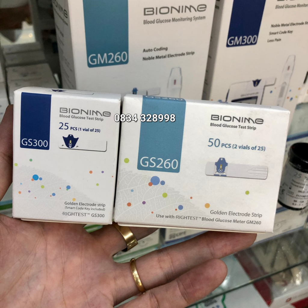 QUE THỬ ĐƯỜNG HUYẾT BIONIME GS300/ GS260 hộp 25 que tặng 25 kim lấy