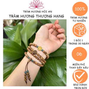 Vòng tay trầm hương tốc lào 6ly 108 hạt mix charm hoa sen,bánh xe pháp luân mạ-Nữ-Thanh lịch-Trầm Hương HỘI AN