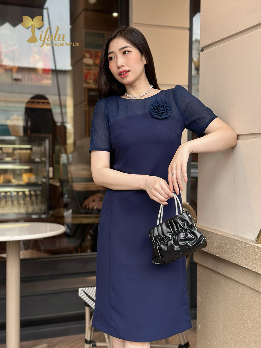 Ảnh Váy nữ đầm thiết kế cao cấp trung niên Zol by TIFALU dáng suông chất tuyết lạnh - ZOL941NAVY 4