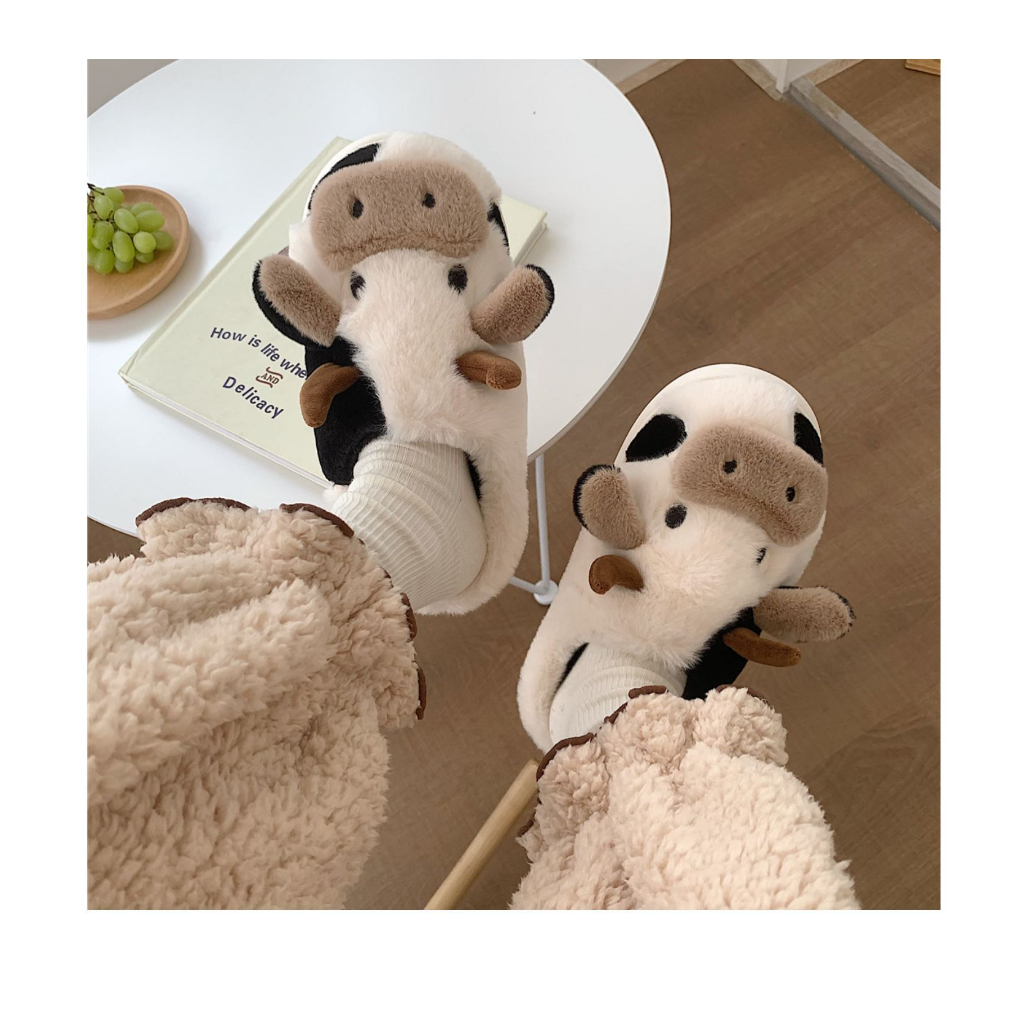 Dép bông đi trong nhà họa tiết con bò sữa cute xỉu, ấm chân mùa đông hàng đẹp quảng châu