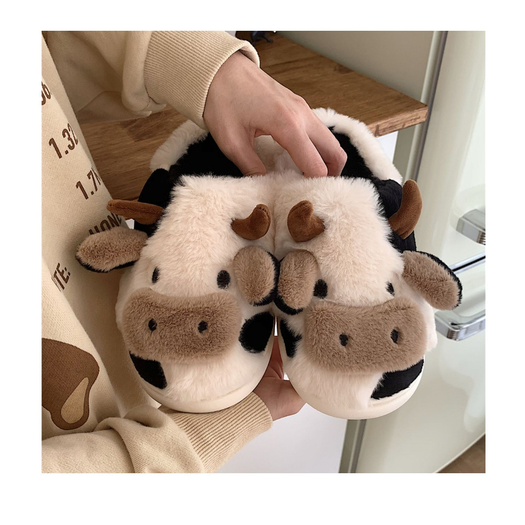Dép bông đi trong nhà họa tiết con bò sữa cute xỉu, ấm chân mùa đông hàng đẹp quảng châu