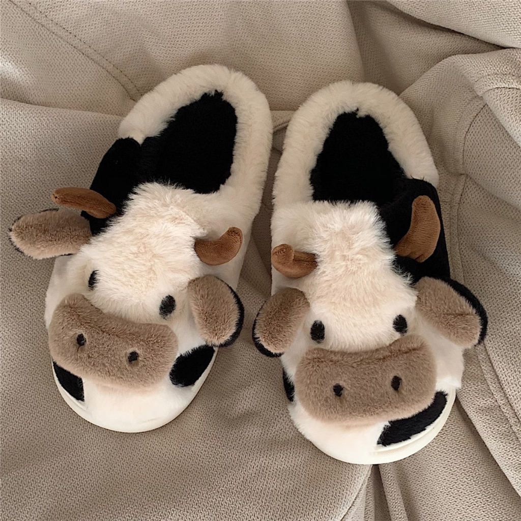 Dép bông đi trong nhà họa tiết con bò sữa cute xỉu, ấm chân mùa đông hàng đẹp quảng châu