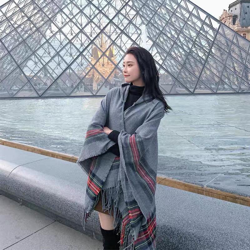 Khăn /Áo Choàng Màu Ghi Có Mũ Thời Trang Du Lịch Phù Hợp Mùa Đông Boho