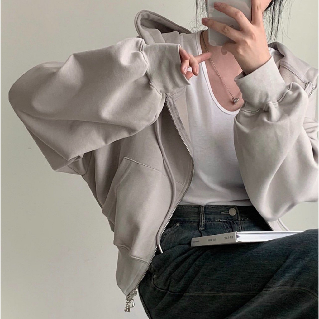 Áo khoác nỉ croptop mũ siêu to, Áo hoodie zip dày dặn dáng rộng siêu xinh Miha Studio