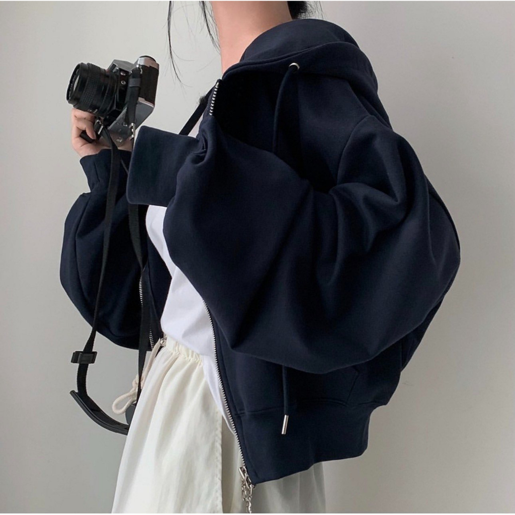 Áo khoác nỉ croptop mũ siêu to, Áo hoodie zip dày dặn dáng rộng siêu xinh Miha Studio