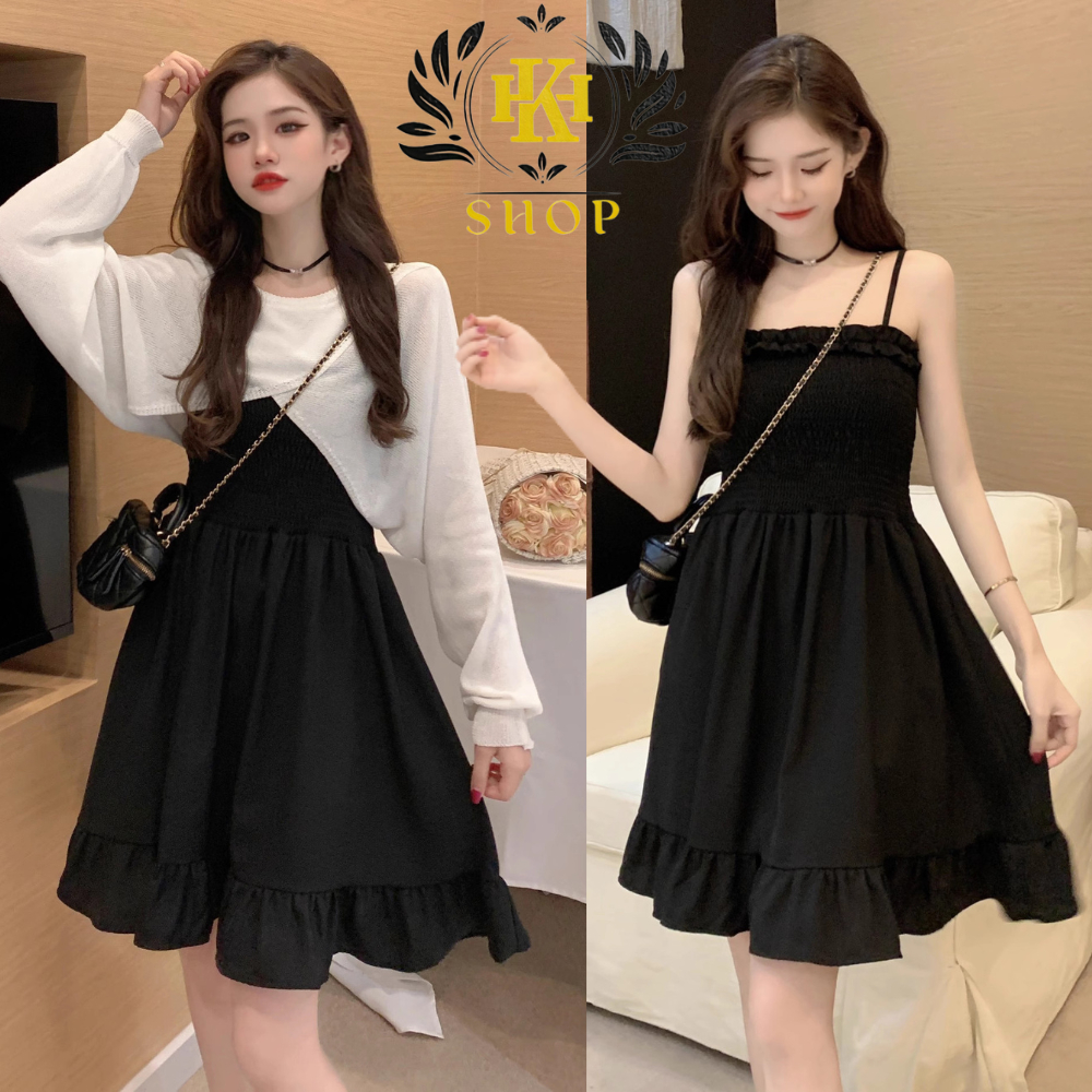 Set váy nữ - Váy 2 dây kèm áo cardigan croptop Chất vải lụa thích hợp ...