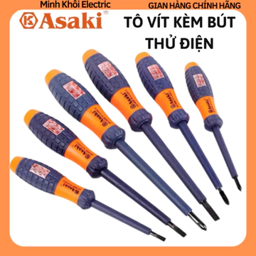 Tô vít kèm bút thử điện Asaki, tua vít đa năng bút thử điện, tuốc nơ vít tích hợp bút thử điện AK-9085, tô vít bake dẹt