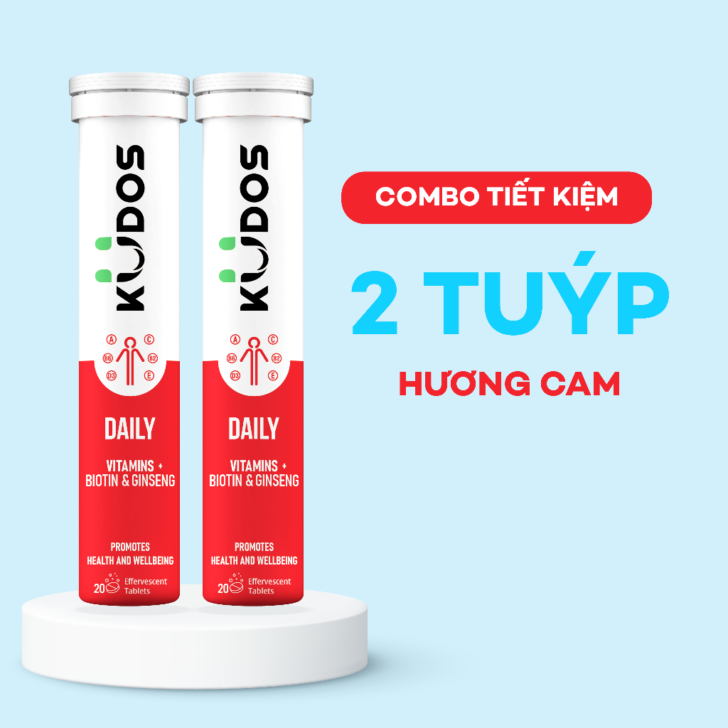 Combo 2 Tuýp TPBVSK Viên sủi KUDOS DAILY VITAMINS PLUS BIOTIN & GINSENG bổ sung vitamin tổng hợp và nhân sâm (20v/tuýp)