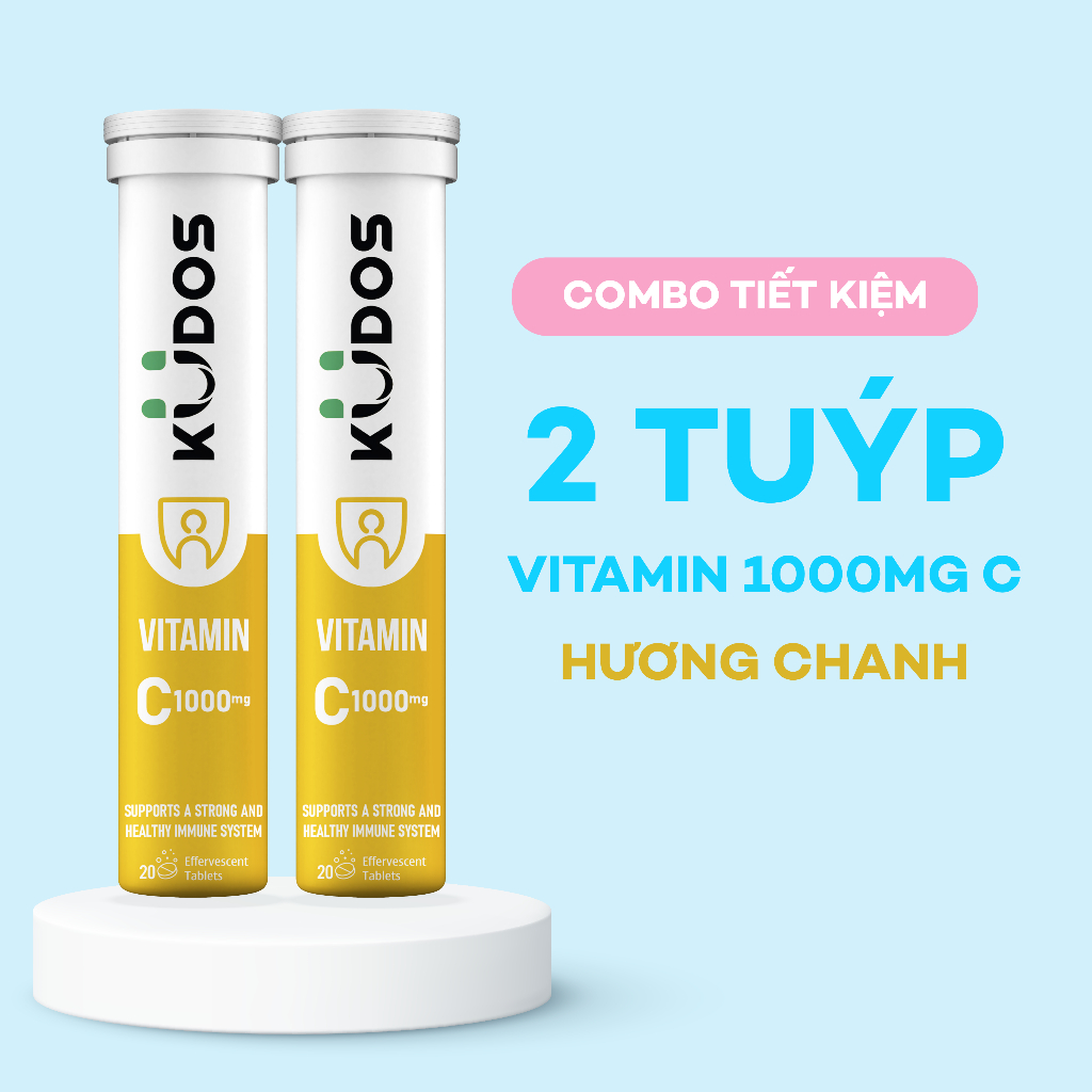 Combo 2 Tuýp TPBVSK Viên sủi KUDOS VITAMIN C hương chanh, bổ sung 1000MG vitamin C cho cơ thể (20 viên/tuýp)