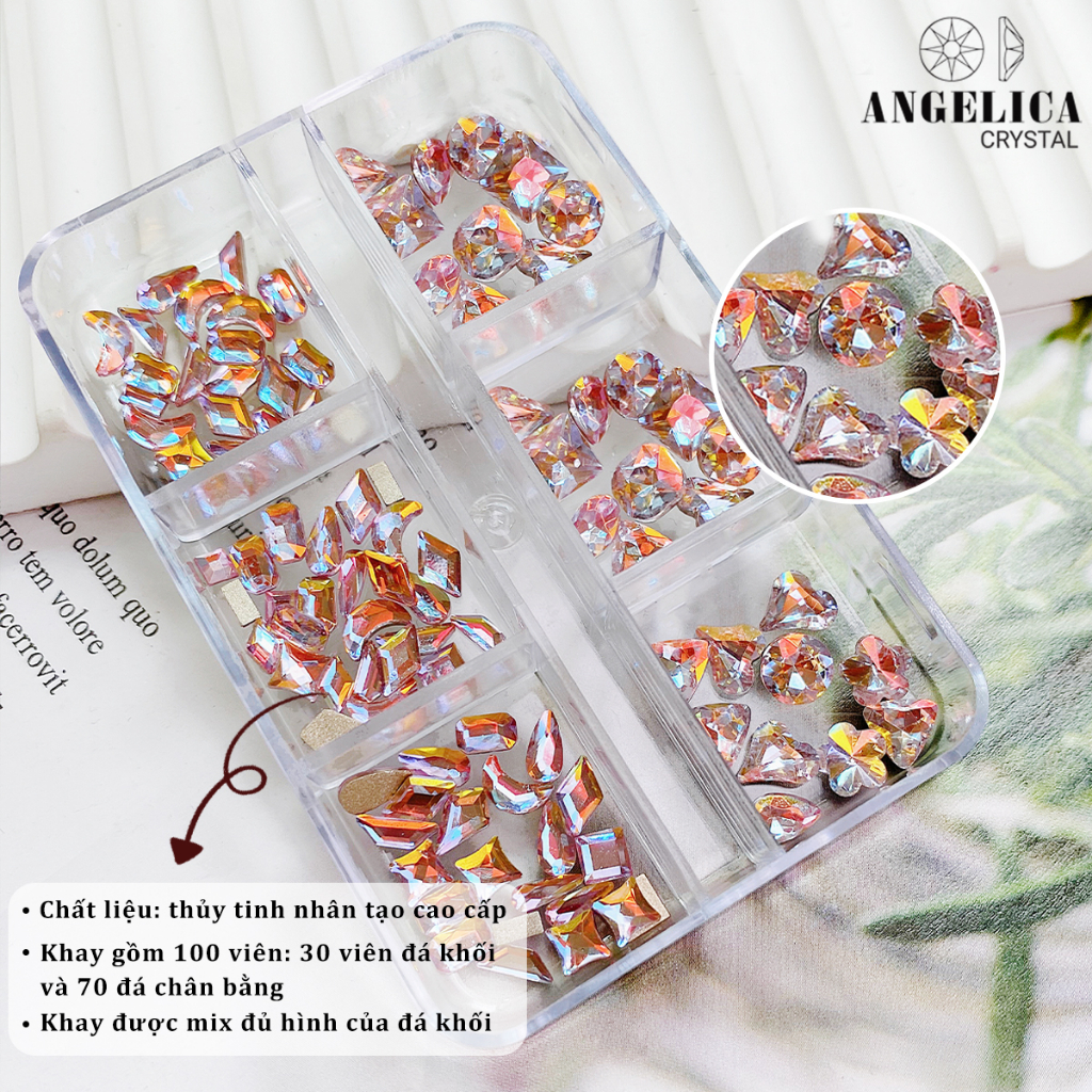 Khay 6 ô chân bằng đá khối nail chỉ size mini đá nhỏ chân vàng trang trí móng ANGELICA CBDKMN