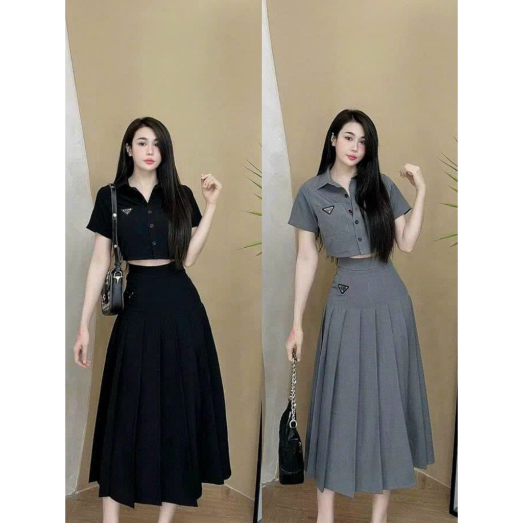Set váy nữ công sở thanh lịch,set váy xếp ly dáng dài áo croptop logo ...