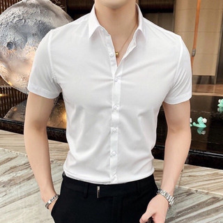 Áo Sơ Mi Nam Tay Ngắn Cộc Tay Hàn Quốc Dáng Ôm Vải Lụa Chống Nhăn Chống Xù Thoáng Mát Avocado
