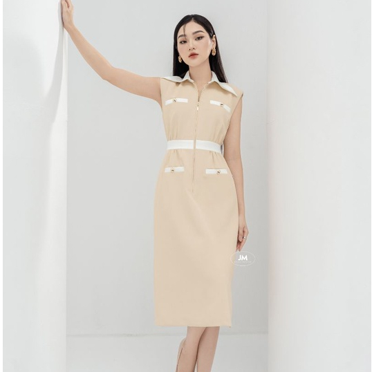 Đầm thiết kế JM Dress Design liền cổ sơ mi phối túi, phối cạp eo tạo điểm nhán, dáng dài sang trảnh 1S38.2209PL spe