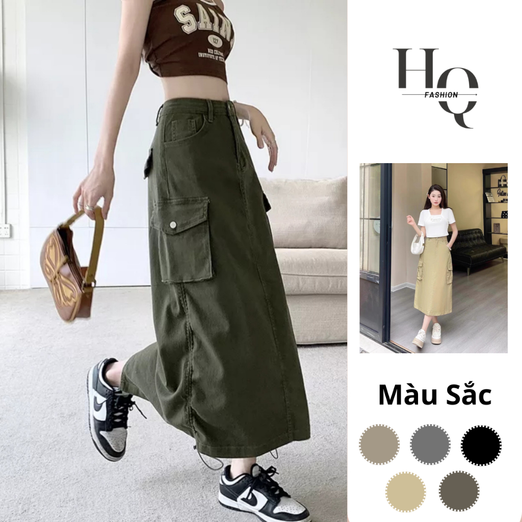 Chân Váy KAKI Nữ Phối TÚI HỘP Cao Cấp Dài, Cạp Cao Chất KAKI ,Chân Váy