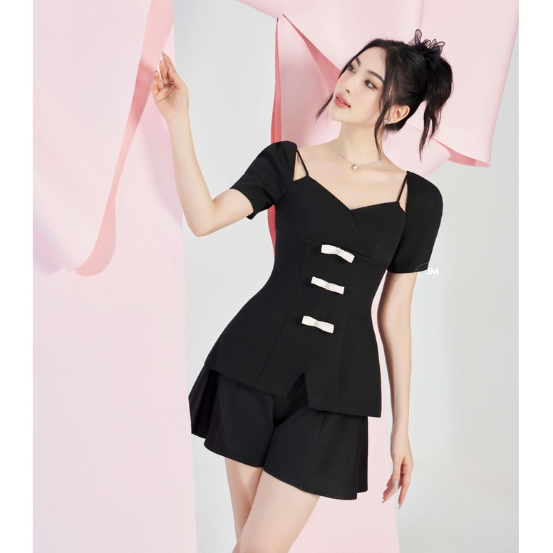 Áo thiết kế JM Dress Design cổ U đính nơ, cách điẹu trang trí nơ giả cổ yếm 2T64.2302PL spe