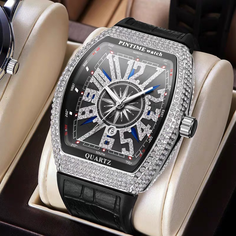 (Tặng hộp + nhẫn) Đồng hồ nam PINTIME WATCH dây da đính đá