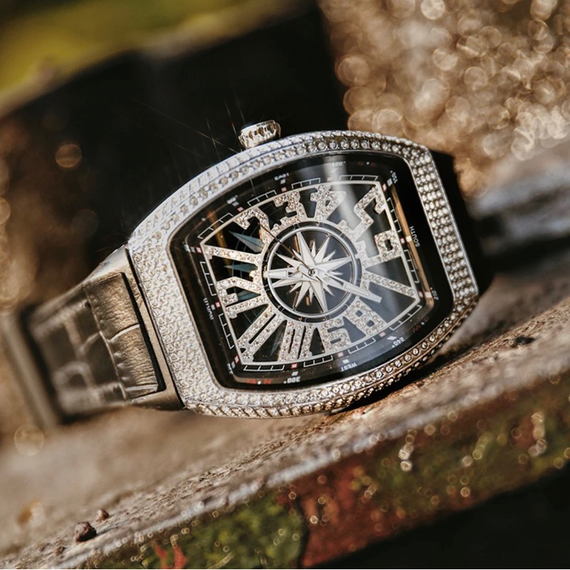 (Tặng hộp + nhẫn) Đồng hồ nam PINTIME WATCH dây da đính đá