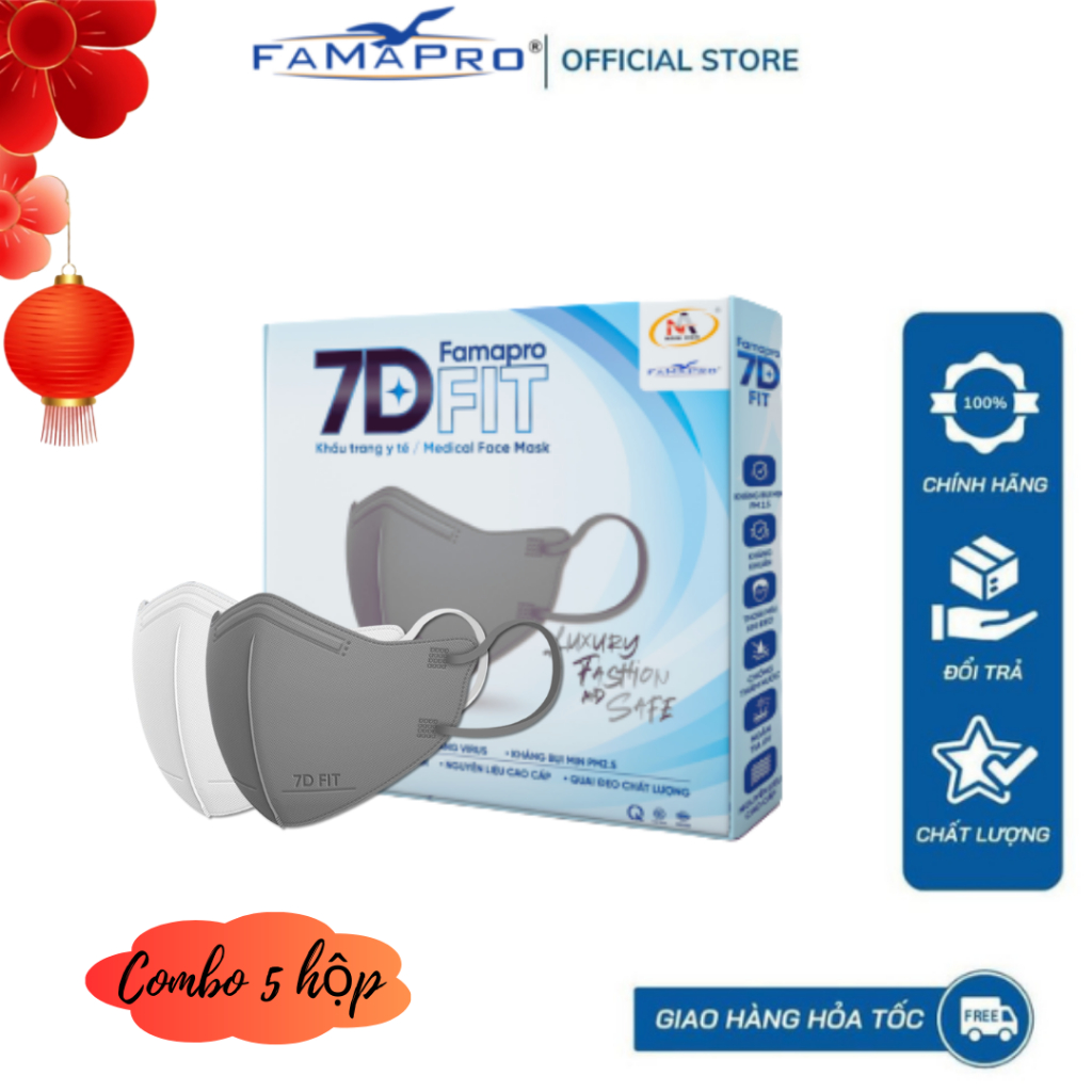 Ảnh Famapro 7D FIT Combo 5 hộp Khẩu trang y tế cao cấp kháng khuẩn 5 lớp (10 cái/ hộp) 1