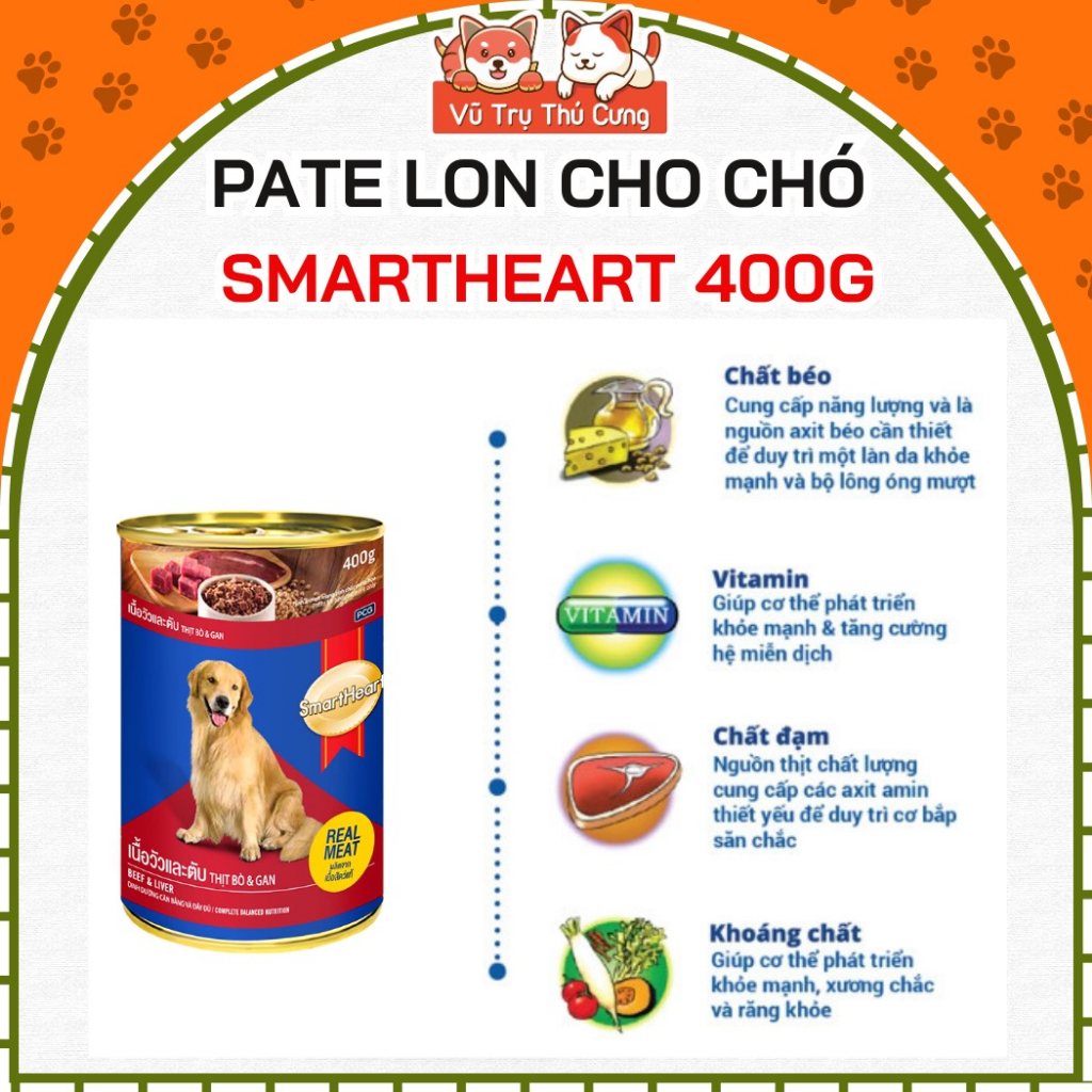 Pate Smartheart Cho Chó lon 400g nhiều dinh dưỡng, Thức ăn ướt cho chó vị Bò, Gà