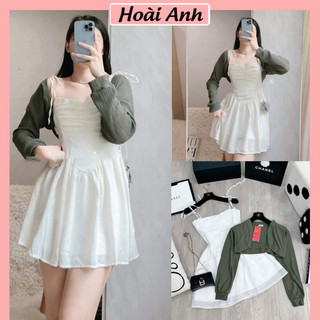 Set Bộ Váy Nữ Váy 2 Dây Tơ Nhũ Trắng Rúm Ngực 2 Lớp Mix Áo Khoác Cadigan Dài Tay Màu Râu Freesize