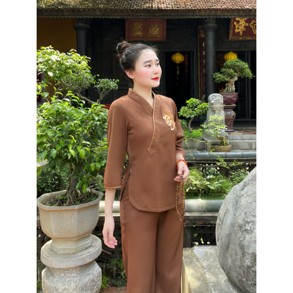 Đồ bộ đi chùa thêu chữ Tâm Đồ lam đi chùa nữ cổ V lụa trượt Pháp phục cách tân chiết eo lụa mềm mịn Thanh lịch