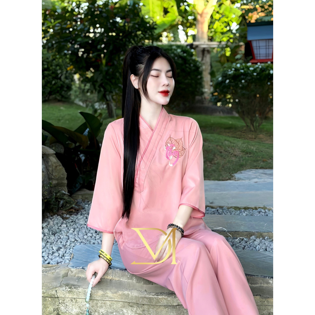 Đồ bộ đi chùa thêu chữ Tâm Đồ lam đi chùa nữ cổ V lụa trượt Pháp phục cách tân chiết eo lụa mềm mịn Thanh lịch