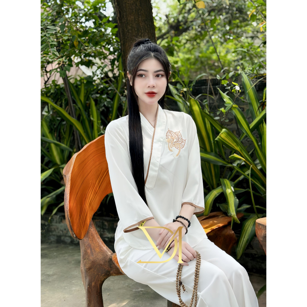 Đồ bộ đi chùa thêu chữ Tâm Đồ lam đi chùa nữ cổ V lụa trượt Pháp phục cách tân chiết eo lụa mềm mịn Thanh lịch