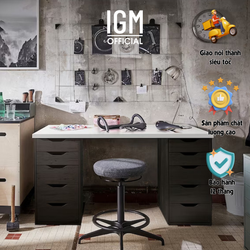 Bàn IGM 2 Hộc Tủ Đen Chất Liệu Gỗ MDF Phủ Melamine/ Gỗ Cao Su Cao Cấp Cao Cấp