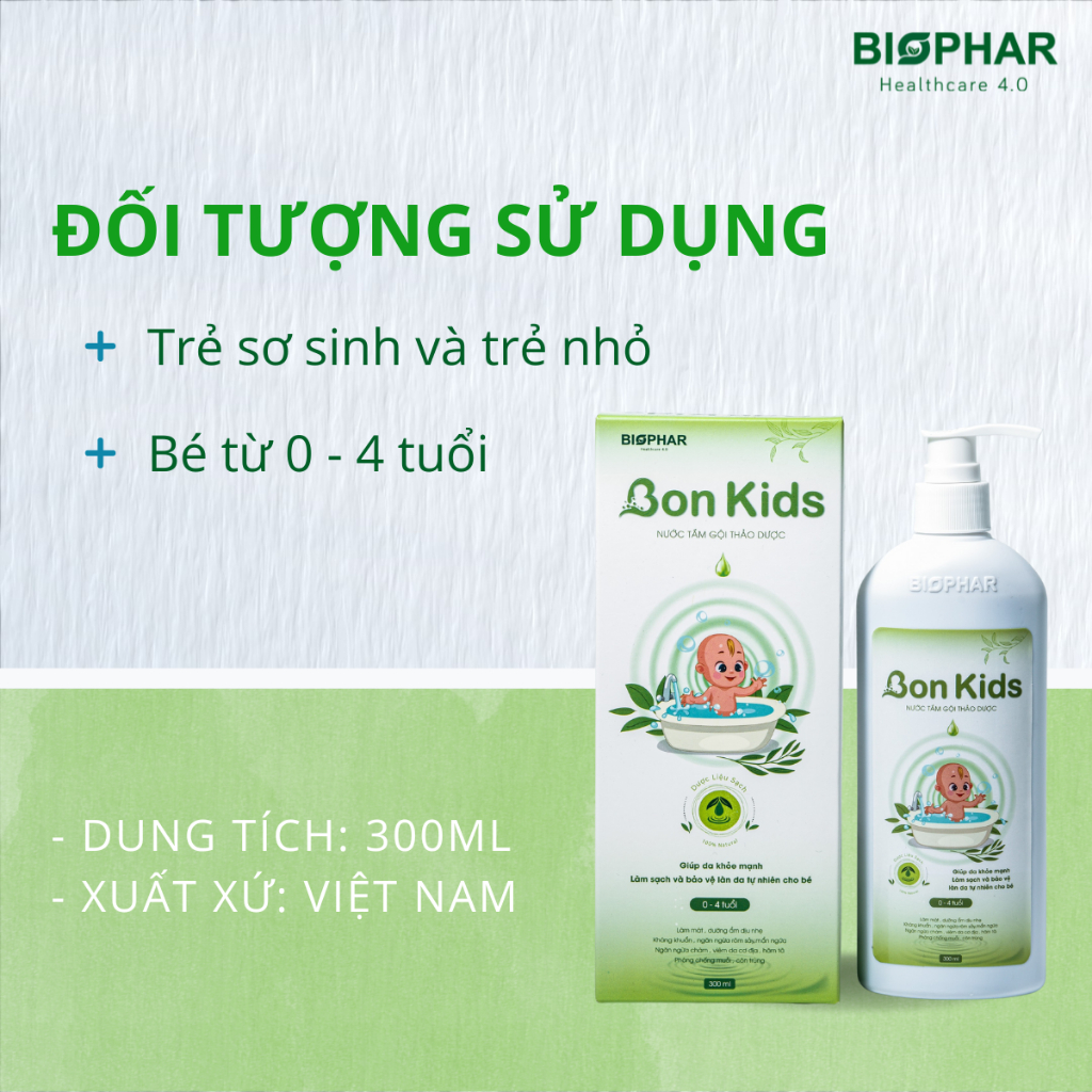 Nước tắm gội thảo dược cho bé Biophar Bon Kids ngăn ngừa mụn, ngứa, rôm sảy, hăm da, dành cho bé 0-4 tuổi | Chai 300ml