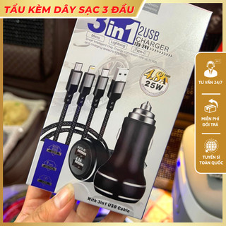 Tẩu sạc ô tô xe hơi gồm 1 cổng USB-C tích hợp sạc nhanh và cổng USB 4.8A Tặng kèm dây sạc 3 đầu