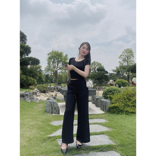 Set Bộ Đồ Nữ Tăm Thêu Wang Áo Croptop Ngắn Tay Cúc Ngực Mix Quần Suông Dài Ống Rộng Freesize